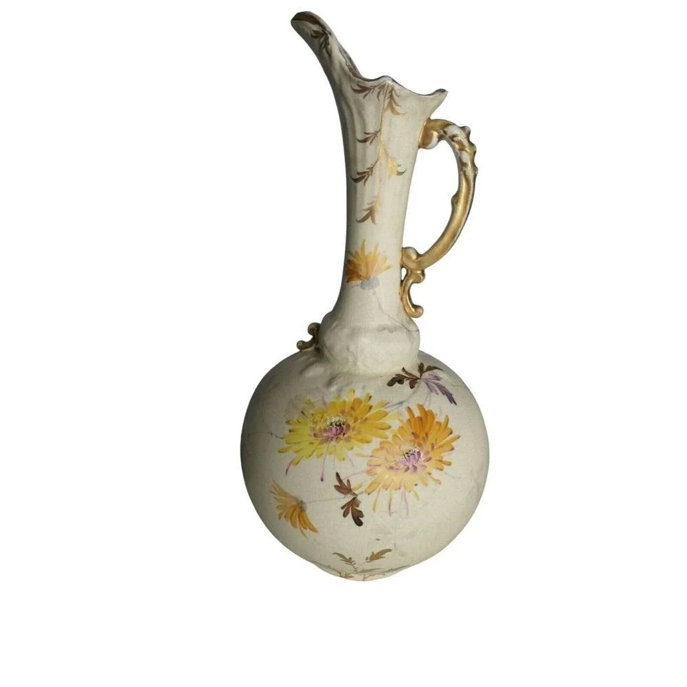 Antq Art Nouveau Ewer Gold Painted Floral Pitcher Ornate Handle Unmarked Cottage